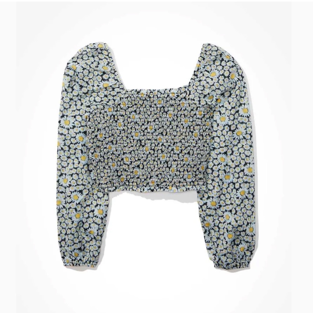 AMERICAN EAGLE OUTFITTERS Floral Printed Smocked
Puff Sleeves‎ Crop Top Daisies